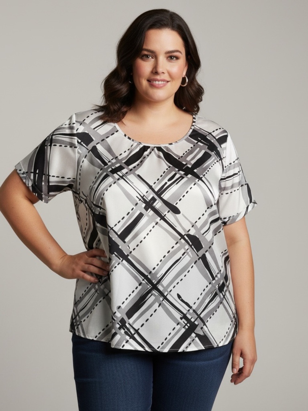 Lane Bryant Women Abstract Modern Classic Blouse White/Black Satin Size 22/24